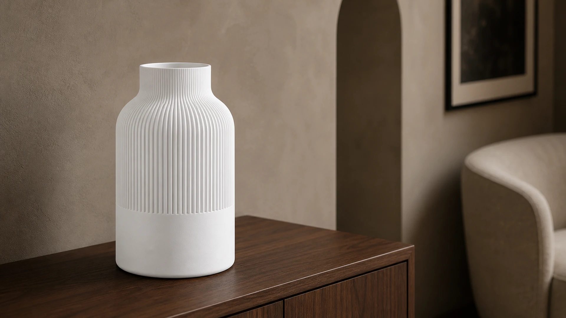Reed vessel in Cold White, on a stone console